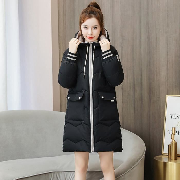 Doudoune Femme Capuche Chic Manteau Mi Longue Veste en Duvet paissir Chaud Automne Hiver Noir