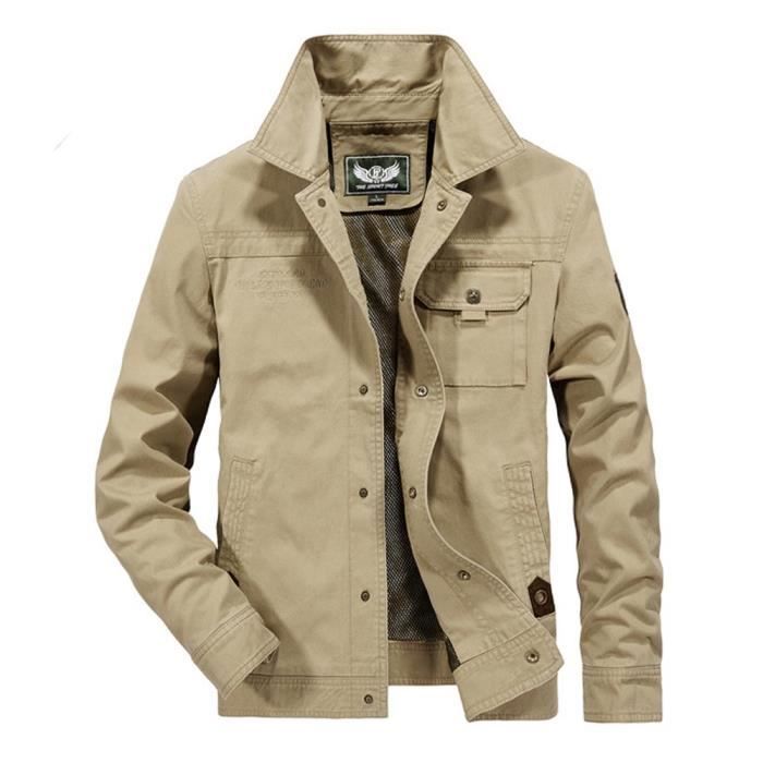 Blouson en Coton Homme Printemps et Automne Casual Veste Multi poches Militaire Couleur Unie Kaki INSFITY