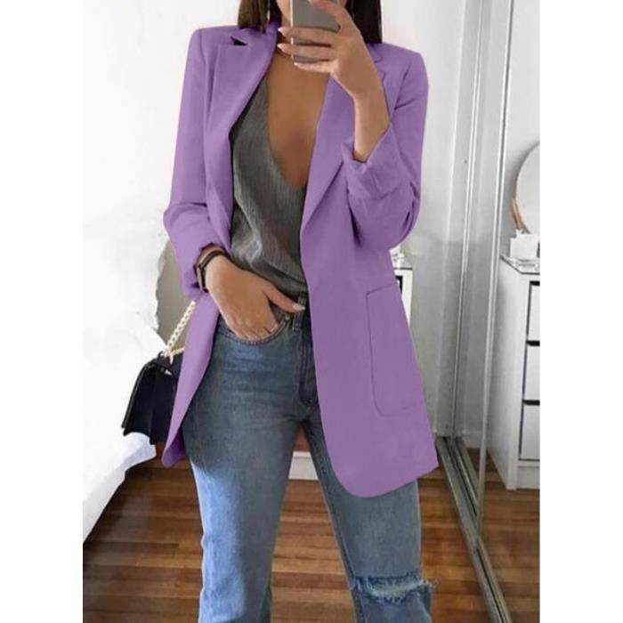Femme Blazer Manches Longues Slim Fit OL Bureau Affaires Veste De Costume Devant Ouvert Manteau Cardigan Blouson Jacket Violet
