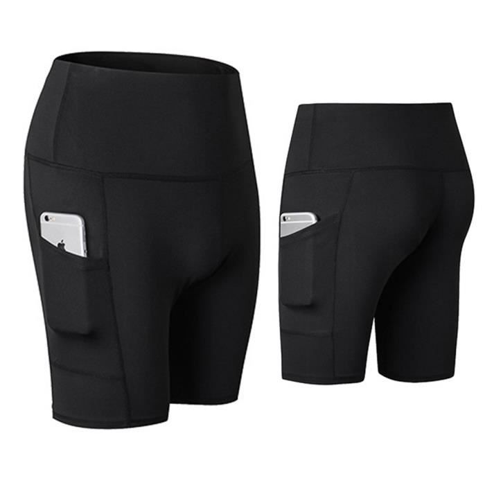 Femmes Pantalon à Quatre Points Shorts Sport Legging PRO Fitness Sec Rapide Taille Haute Élasticité Musculation avec Poches Noir