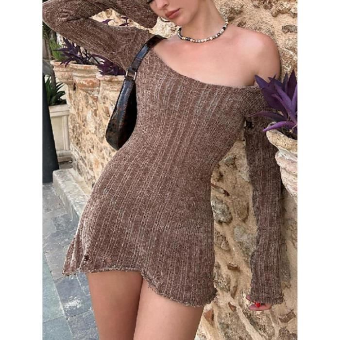 CHEZVOGUE Robe Longue à épaules Dénudées Pour Femme, En Maille Transparente Légère Y2K, Robe Moulante Pour Club, Fête, Mariage, Noir/blanc, T-Petit