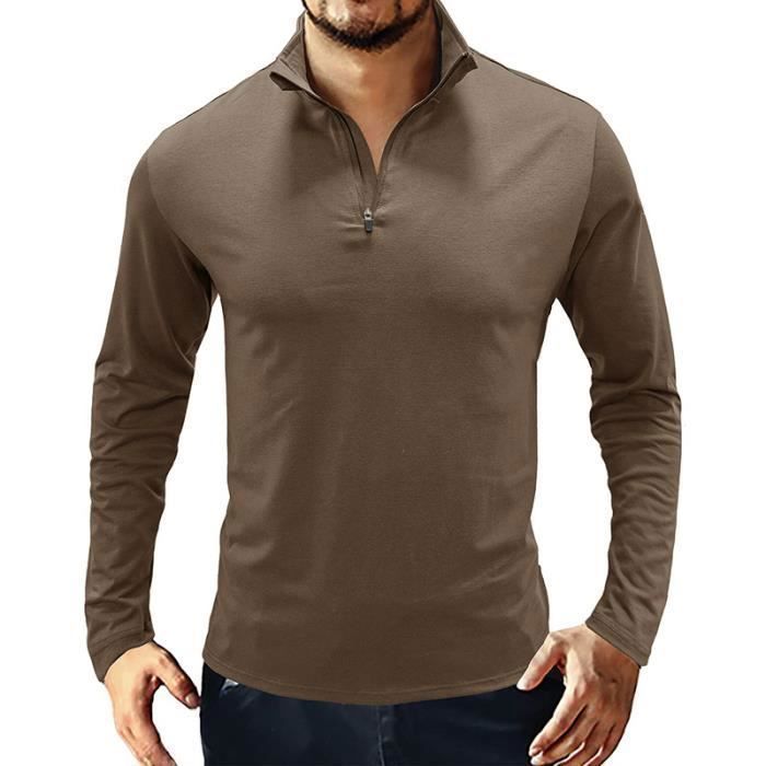 T-Shirt Homme Col à Fermeture Éclair Polo Manches Longues Slim Fit