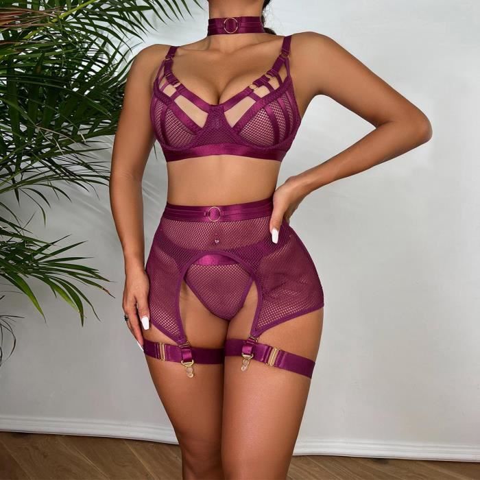 Ensemble Lingerie Femme – Robe Camisole + Jupe Creuse + Porte-jarretelles – Noir Scintillant
