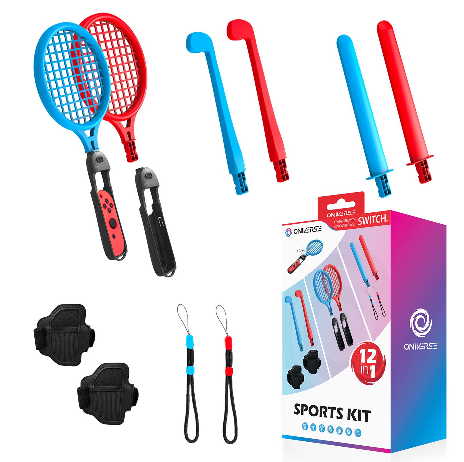 Oniverse Kit 12 en 1 d’accessoires compatibles Nintendo Switch Sports avec dragonnes raquettes sabres chanbara clubs de golf