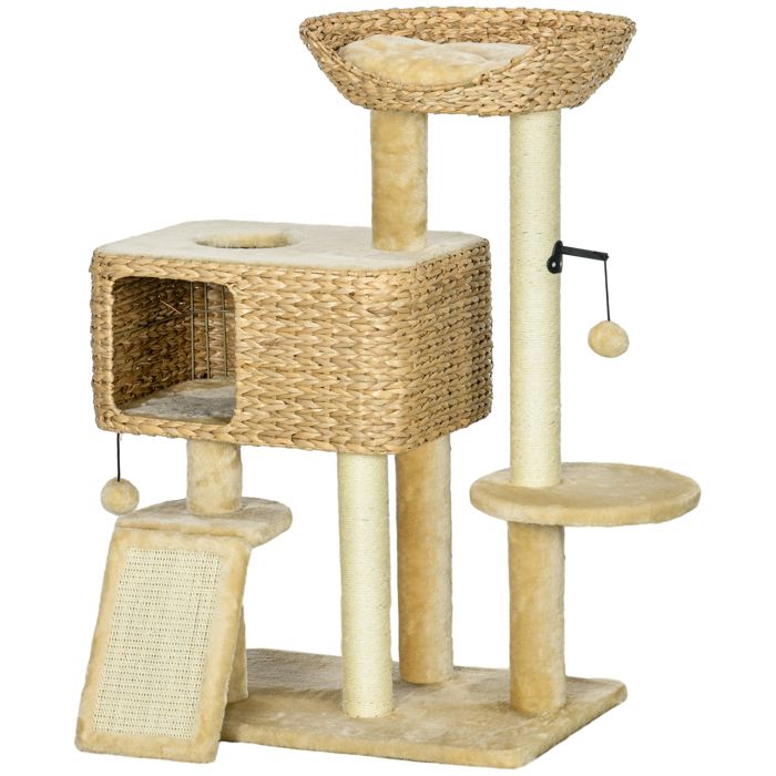 Arbre à chat - PawHut - griffoir niche panier observation plateformes pompon centre - peluche - hauteur 98 cm - beige