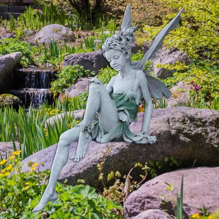 Statue Fée Assise Molyorch Pour Jardin - Résine Brun, 22x9x12cm | Décor Extérieur Féerique