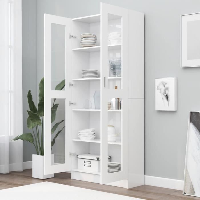 Bibliothèque en Aggloméré - 82.5 x 30.5 x 185.5 cm - Armoire à vitrine - avec 1 Porte transparente et 5 étagères - blanc