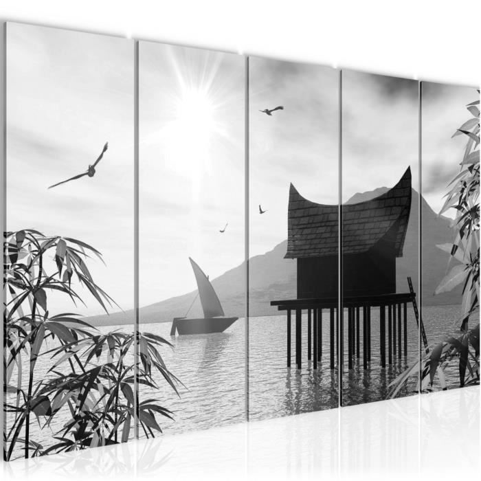 Tableau Paysage Montagnes 200x100 Cm 5 Parties XXL - Décoration Murale Gris Moderne