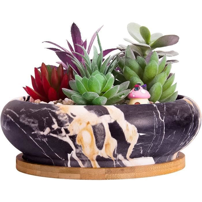 ARTKETTY Pot de Fleur, Grand Pot pour Succulentes Pot à Bonsaï en Marbre avec Plateau Pot en Céramique pour Plantes D'intérieur24