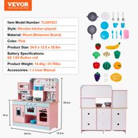 VEVOR Cuisine Jouet En Bois 24 Pièces – Avec Lumières, Sons, Machine à Glace, Four, Micro-ondes – 88,6x31,7x90,4 Cm – Dès 3 Ans