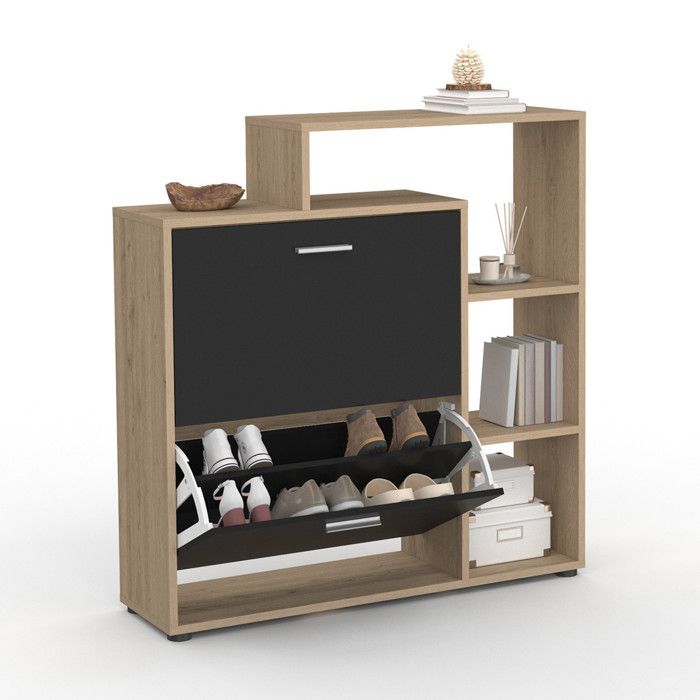 Meuble à Chaussures KLARK 18 Paires - Imitation Hêtre 3 Portes Noires + Étagère, Design Moderne Gain De Place