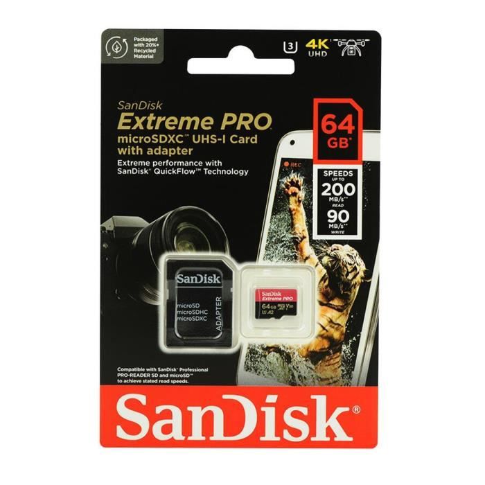 SanDisk 64 Go Extreme Pro Carte microSDXC Adaptateur SD RescuePRO Deluxe jusqu a 200 Mo s A2 UHS I Classe 10 U3 V30 Cdiscount Appareil Photo