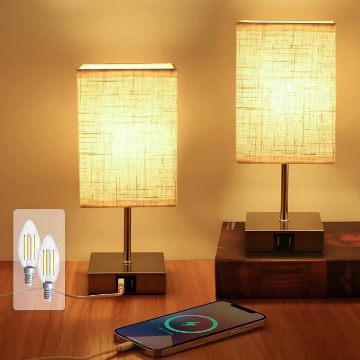 Lampe de table de chevet tactile, lot de 2, petite lampe de chevet moderne  pour chambre à coucher avec ports de chargement USB C+A, 3 luminosités