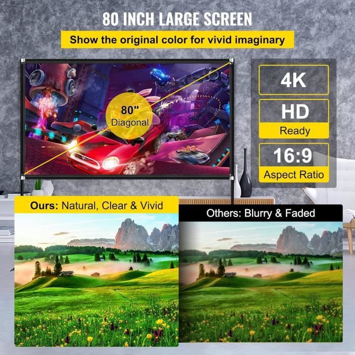 Écran De Projection Portable VEVOR 203 Cm (80") - Infroissable, Support Inclus - Format 16:9, Gain 1.2, 160° - Parfait Cinéma Maison & Extérieur