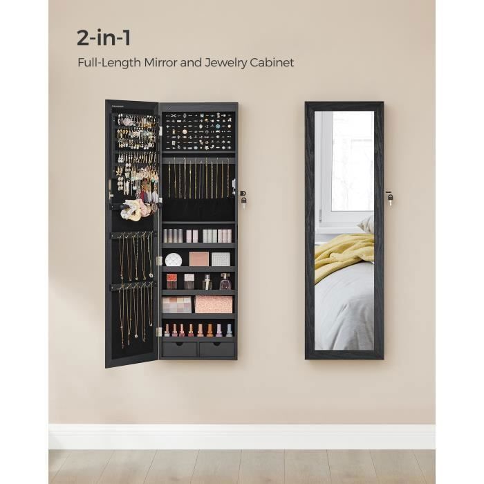 Armoire à Bijoux Murale Avec Miroir Et 5 LED - Rangement Verrouillable Blanche Pour Colliers Et Boucles D'Oreilles