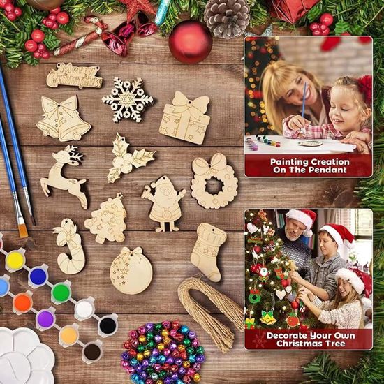 Kit Déco Noël Enfant 24 Pièces Bois à Colorier - Ornements Sapin DIY, Peinture Incluse | Activité Manuelle Noël