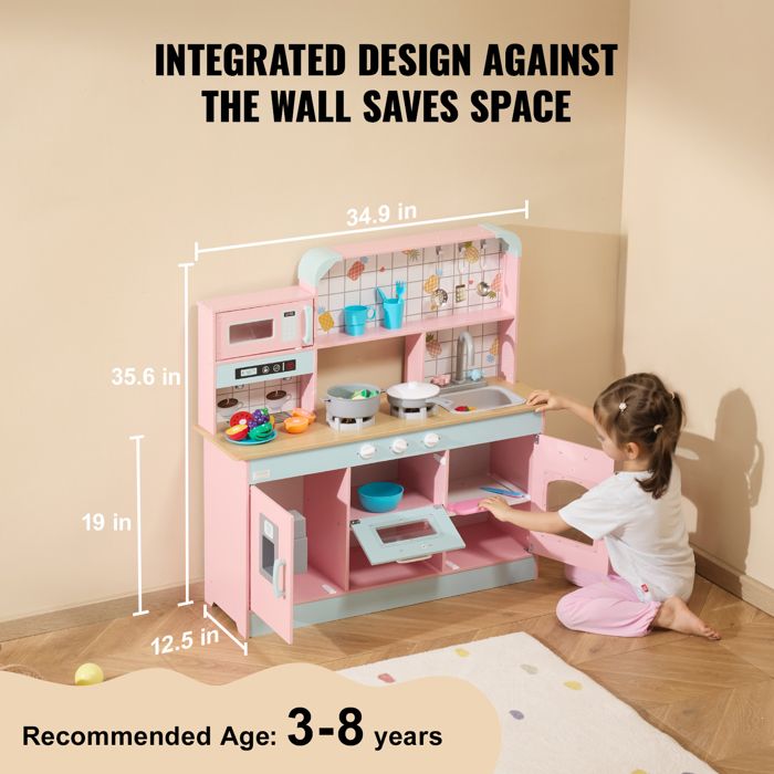 VEVOR Cuisine Jouet En Bois 24 Pièces – Avec Lumières, Sons, Machine à Glace, Four, Micro-ondes – 88,6x31,7x90,4 Cm – Dès 3 Ans