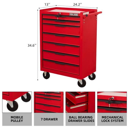 HOMCOM Armoire à outils sur roulettes avec 5 tiroirs et armoire verrouillable, sur roulettes pour l'atelier et la maison, rouge | France