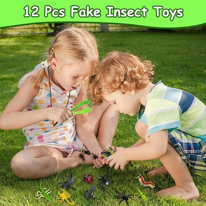 Kulveanju Kit Exploration Nature 17 En 1 : Boîte Insecte Avec Loupe, 12 Insectes Factices, Filet, Pince – Cadeau Idéal 3-8 Ans