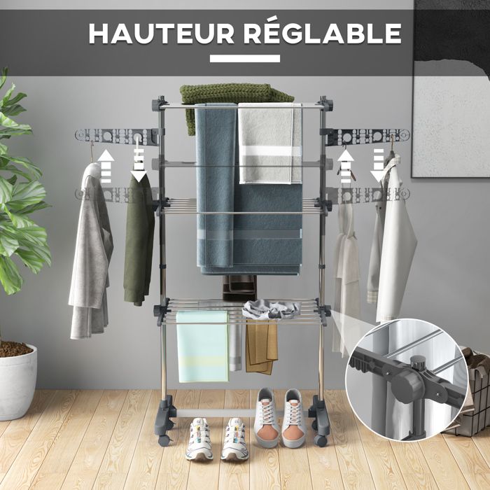 Étendoir à Linge Pliable Intérieur Extérieur Avec Roulettes - Grande Capacité 23 Barres - Dépliable En 3 Secondes Gris