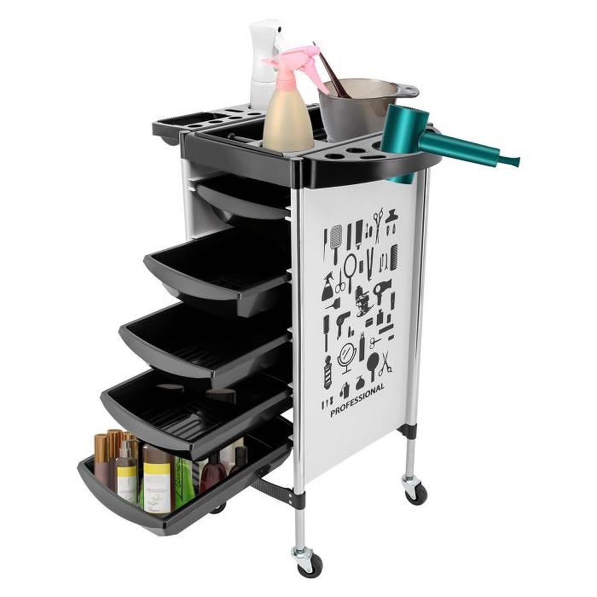 Chariot de coiffeur Chariot de service Salon aide 5 tiroirs Coiffeur Chariot de travail 