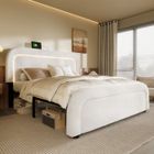 MODERNLUXE Lit double rembourré - Blanc - 140x200cm - Ports de chargement USB - Éclairage LED - Sommier à lattes