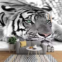 Papier peint intissé 3D Animal tigre noir et blanc Trompe l oeil murales 350x256 cm Salon tv fond d'écran Décoration Murale