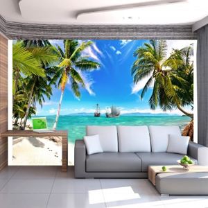 Ciel Bleu Mer Plage Palmiers Photo papier peint art mural pré-collé Autocollant