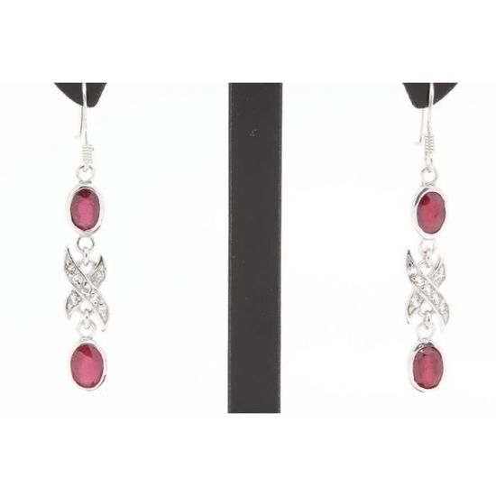Boucles D'oreilles Rubis & Topazes Blanches - Plaque Or Et Argent 925 - Neuf Sans Emballage