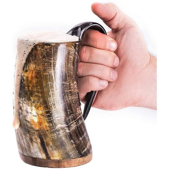 Tasse de corne à boire Viking originale de commerçant nordique chope de corne de bière 100% authentique avec base en bois dur et sac cadeau en toile de jute |L'Original Grand Poli 
