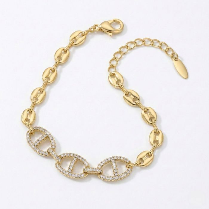 Bracelet – Maille Marine - Grain de Café - Zircons - Plaqué Or 750/1000 - 18 + 3 cm - Femme