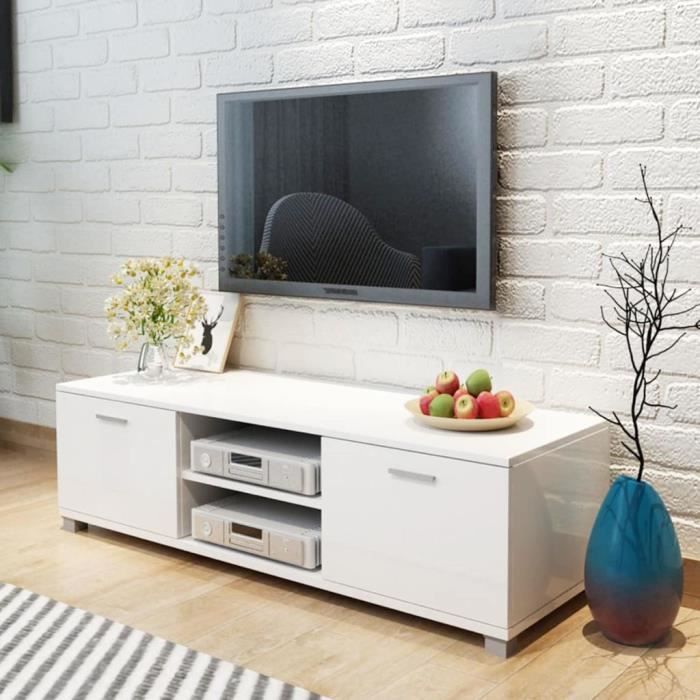 Meuble TV - 2 compartiments avec portes - MDF - 140 x 40,3 x 34,7 cm - Blanc