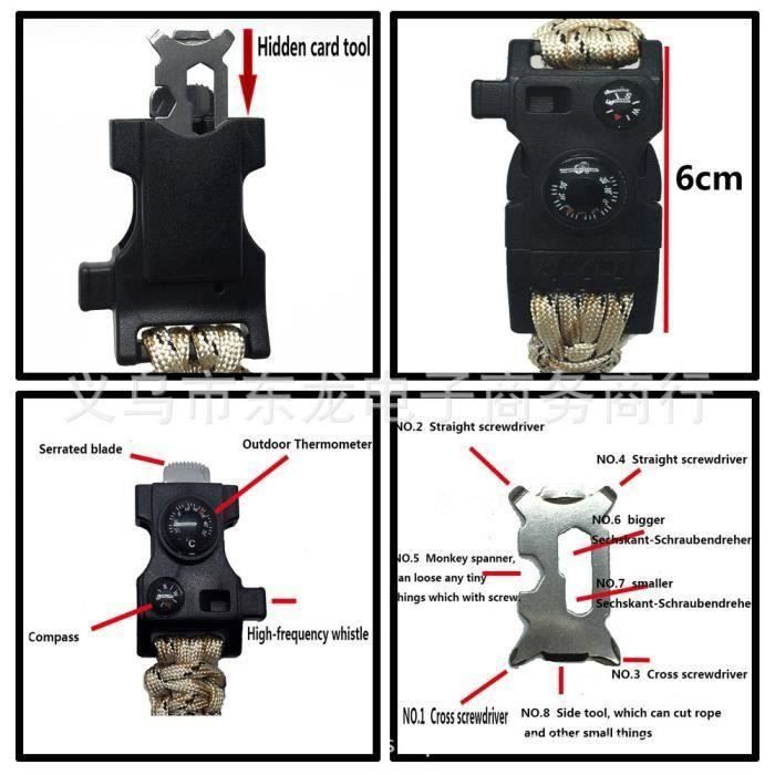 Bracelet de survie avec montre Compass Flint Allume-feu Scraper vitesse Sifflet jaune G219D7