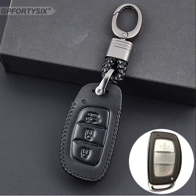 Coque clé,Housse en cuir véritable de voiture pour Hyundai porte clés télécommande, pour modèles i20, i30 - Type black smart key