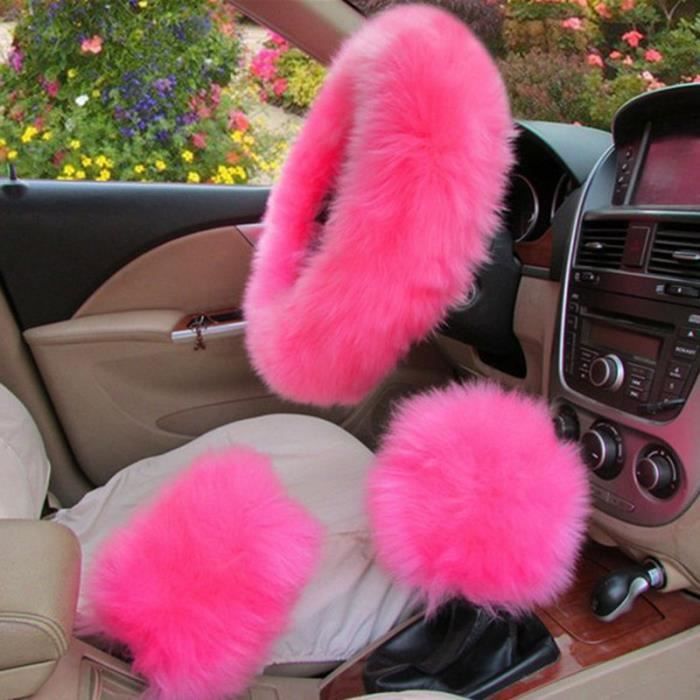 Couvre volant,Pommeau de levier de vitesse de voiture en peluche pour filles et dames, couvre volant en fourrure de laine, - Type A