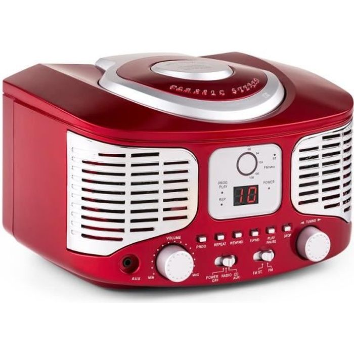 auna RCD320 Lecteur CD compact rétro FM entrée AUX pour MP3, fonction répétition et liste de lecture programmable - rouge