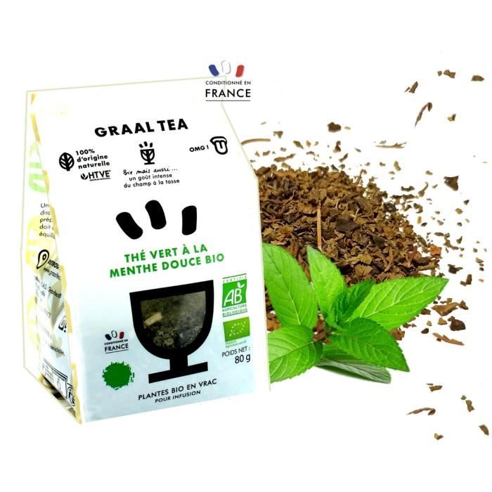 GRAALTEA - Thé Dégustation - Thé vert à la menthe douce BIO en Vrac - 100% d'Origine Naturelle - Made in France - 1 Paquet x 80 gram