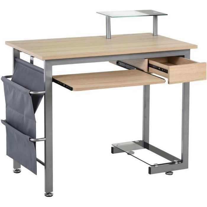 Bureau informatique multimédia multi-rangements design contemporain acier MDF chêne clair 105x50x90cm Beige