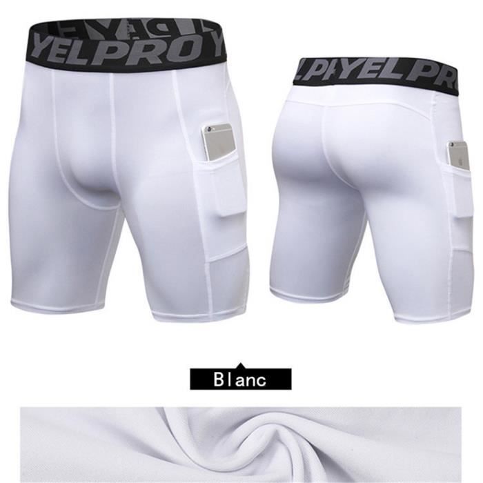 Hommes Poche Pantalons Court Sport Compression Élastique Leggings Short Slim Collant Cyclisme Fitness Séchage Rapide Blanc