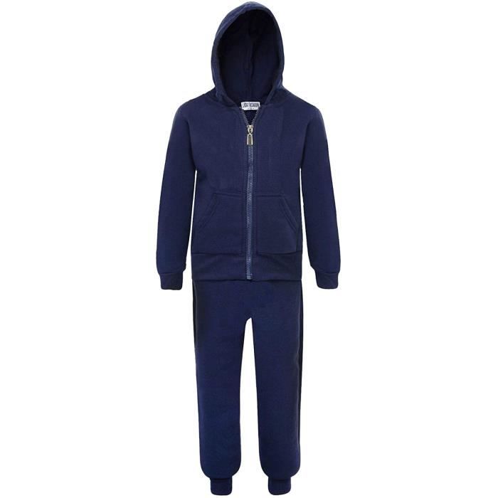LotMart Enfants' Uni Ado Survêtement Capuche Fermeture Éclair Haut Jogging Bas 2-Piece Ensemble,Marine,15-16 Ans