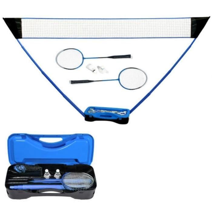 Set de Badminton complet avec filet 295 x 38 x 154 cm, raquettes, volants et étui de rangement Bleu