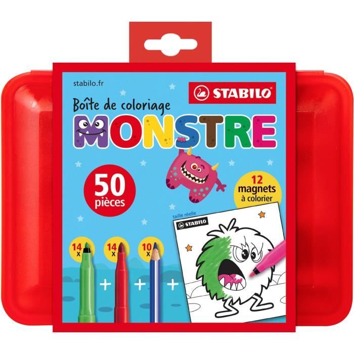 Boîte de coloriage MONSTRE STABILO x 50 pièces coloriage : 28 feutres + 10 crayons de couleur+ 12 magnets -monstres- à colorier