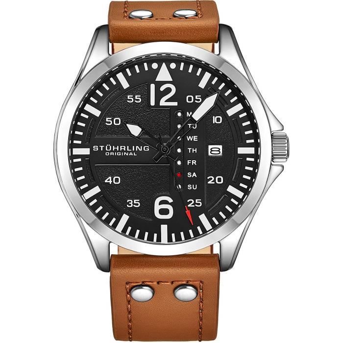 Montres Homme - Original Montre Analogique Noire Texturée Cadran Inférieur Secondes Bracelet Cuir Cousu D