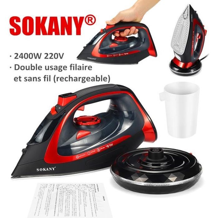 SOKANY Fer à Repasser Vapeur Sans fil 2400W - Vitesse Réglable Anti-goutte Anti-calcaire EU Prise ROUGE
