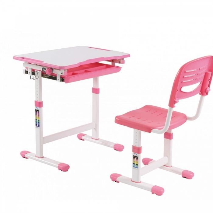 Bureau enfant Comfortline 201, rose, inclinable, non réfléchissant. 1 tiroir, 1 crochet pour le cartable, 1 chaise avec ventilation.