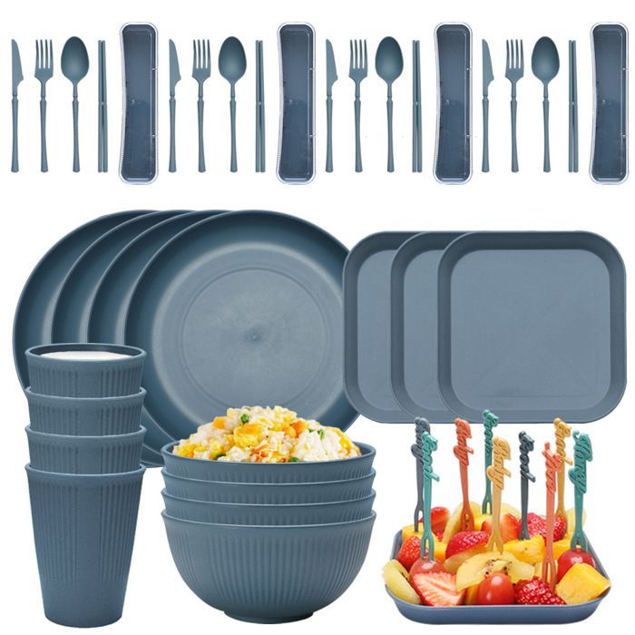 Ensemble dassiettes écologiques vaisselle en paille de blé bol Ramen assiettes à dîner 48 pièces - Bleu