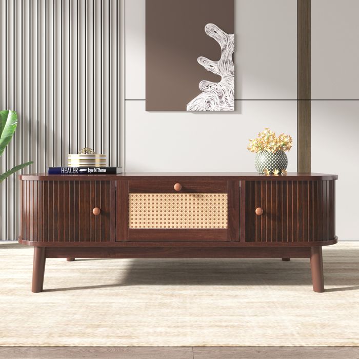 Nouvelle table basse Premium sense. Table basse en rotin tiroir en rotin et porte coulissante à lattes en bois massif pieds