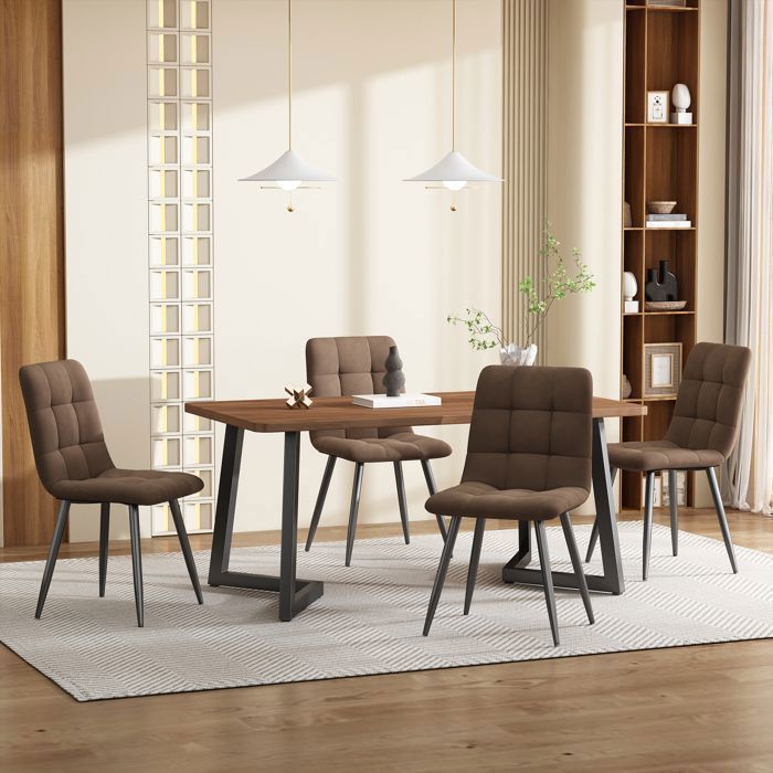 Ensemble De Salle À Manger (5 Pièces) Avec 4 Chaises Velours Marron Table De Cuisine Moderne Pieds En Noir