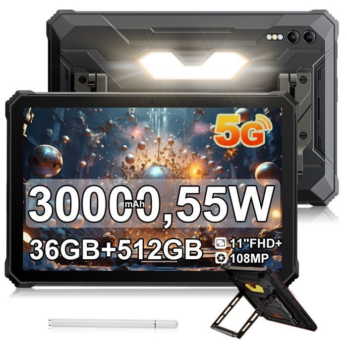 Blackview Active 10 pro Robuste Tablette Tactile 36Go + 512Go 11.0 Écran Batterie 30000mAh Tablette PC 108MP Double SIM 5G – Noir