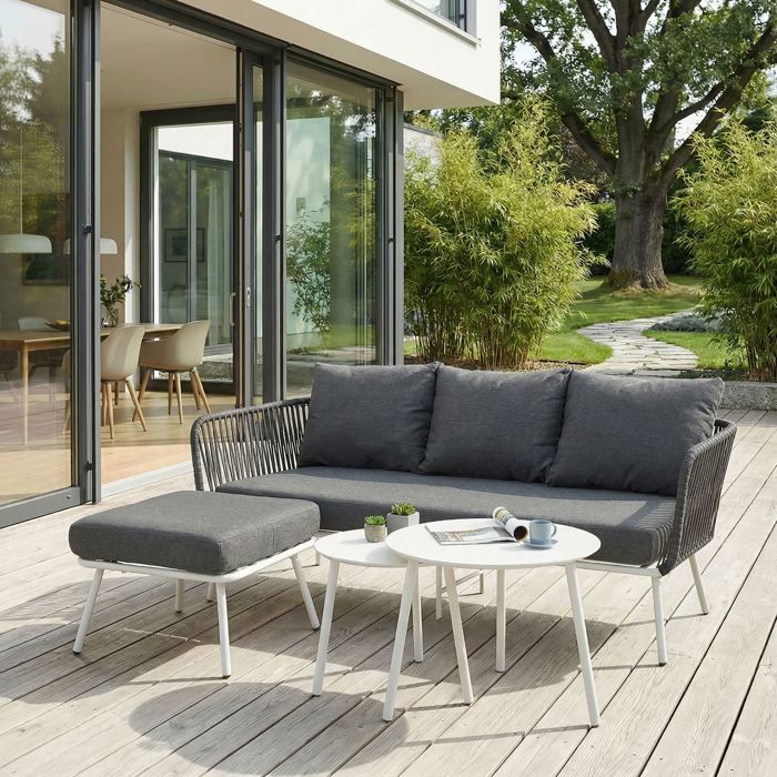 Salon de jardin MYKONOS dextérieur blanc et gris 4 places avec 2 tables basses en verre 1 tabouret et 1 canapé Salon de jardin MYKONOS dextérieur blanc et gris 4 places avec 2 tables basses en verre 1 tabouret et 1 canapé